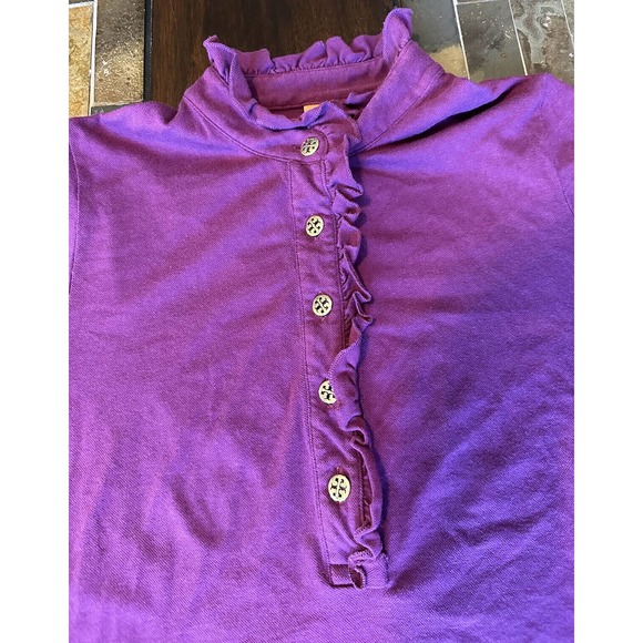 Tory Burch Lidia Polo Size M Ruffle Short Sleeve Purple 1/4 Button Collar Shirt - Picture 1 of 6